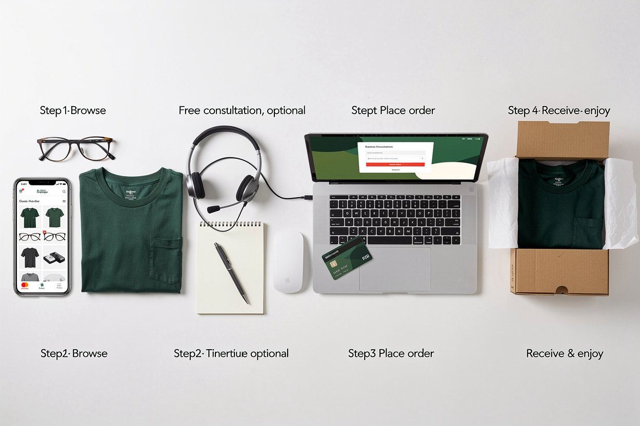 Stop And Shop e-commerce process - browse, consult, order, and receive quality T-shirts and glasses
